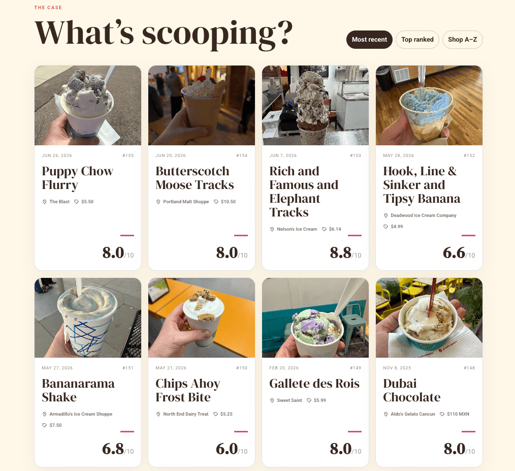 The public ratings case turns a personal archive into recommendations that are easy to browse by recency, rank, or shop.