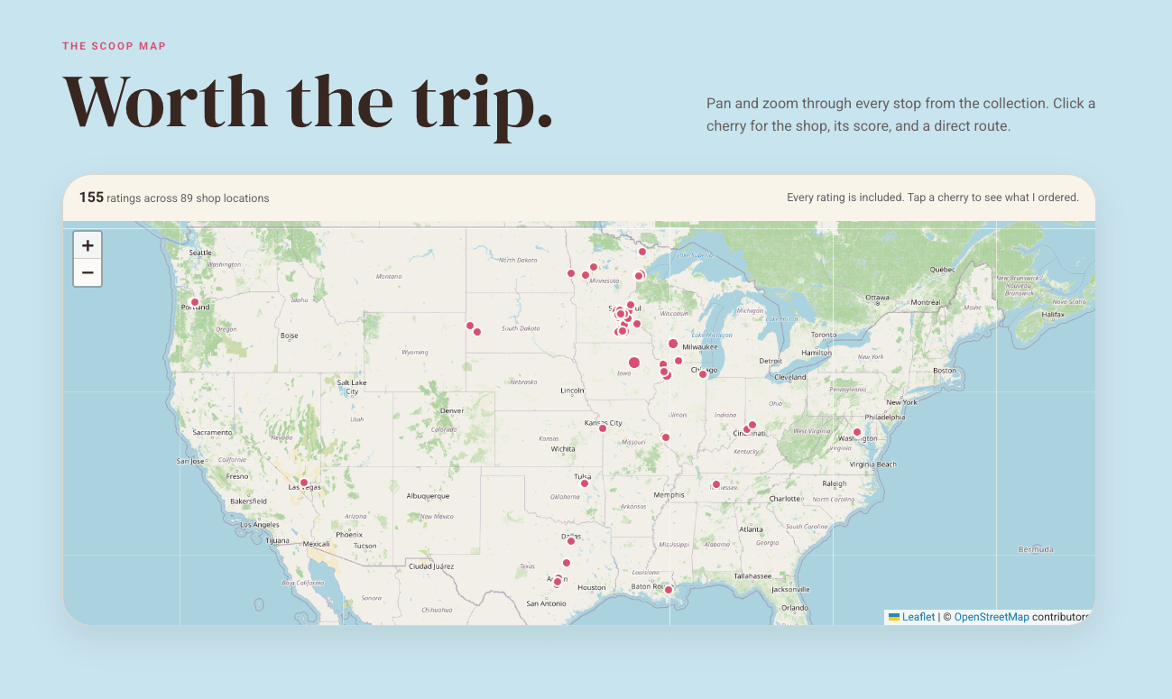 The Scoop Map makes the whole archive geographically useful, with every rating ready to become a destination.