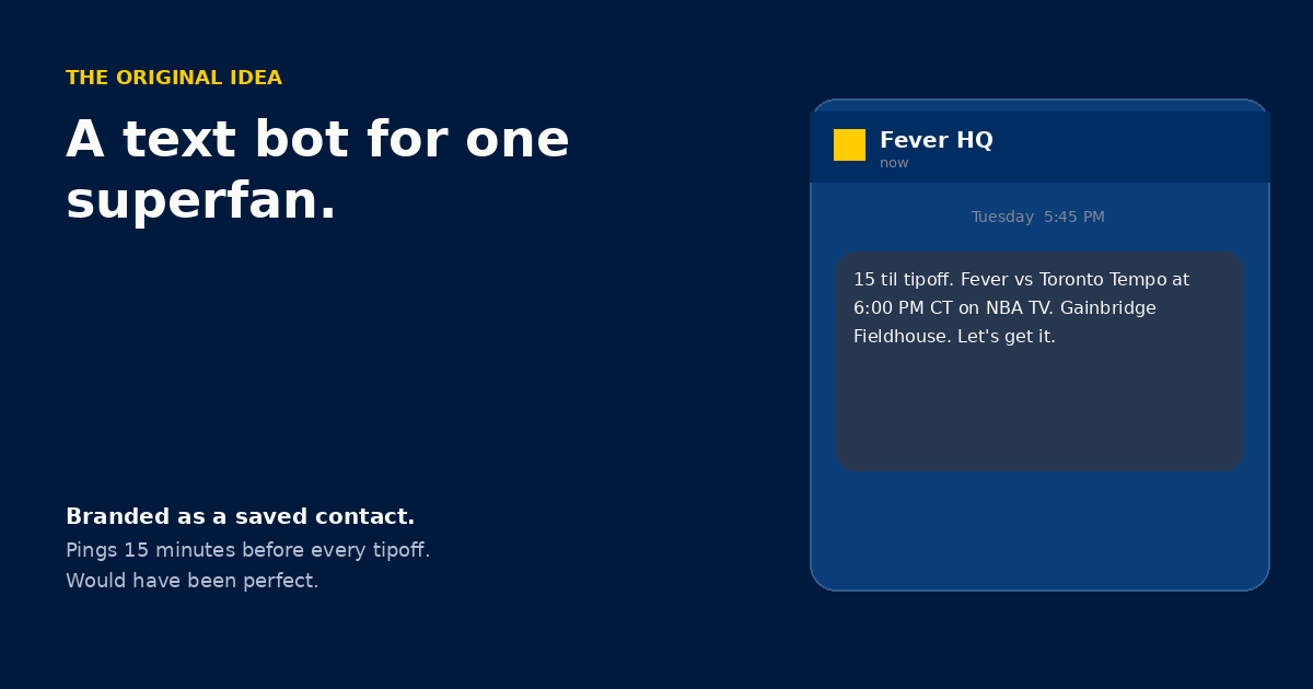 The first idea. A custom iMessage contact named Fever HQ that would text her 15 minutes before every tipoff.