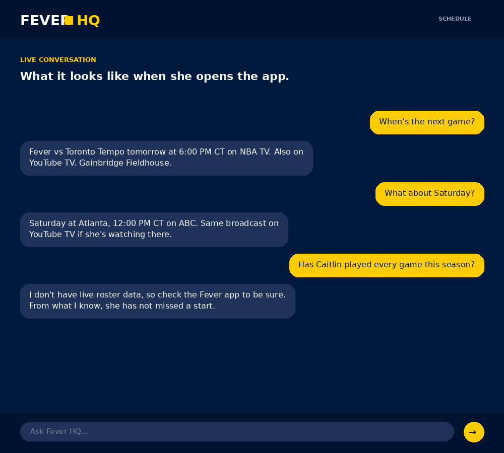 A real-time conversation. She asks plain English. The bot answers in sports-radio voice, with the channel and the Central-Time tipoff baked in.